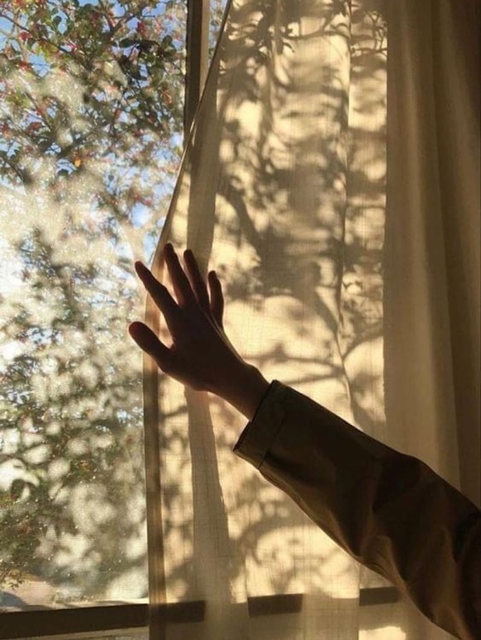 Mano tocando una cortina iluminada por el sol