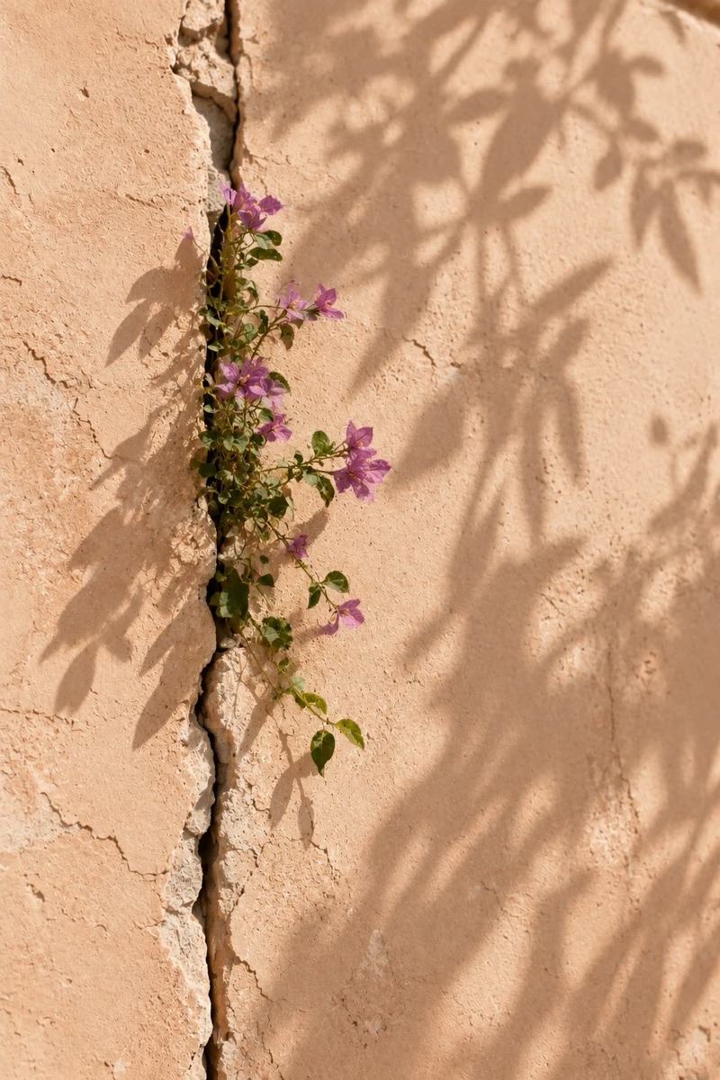 Buganvilla en flor creciendo en una grieta de una pared cálida