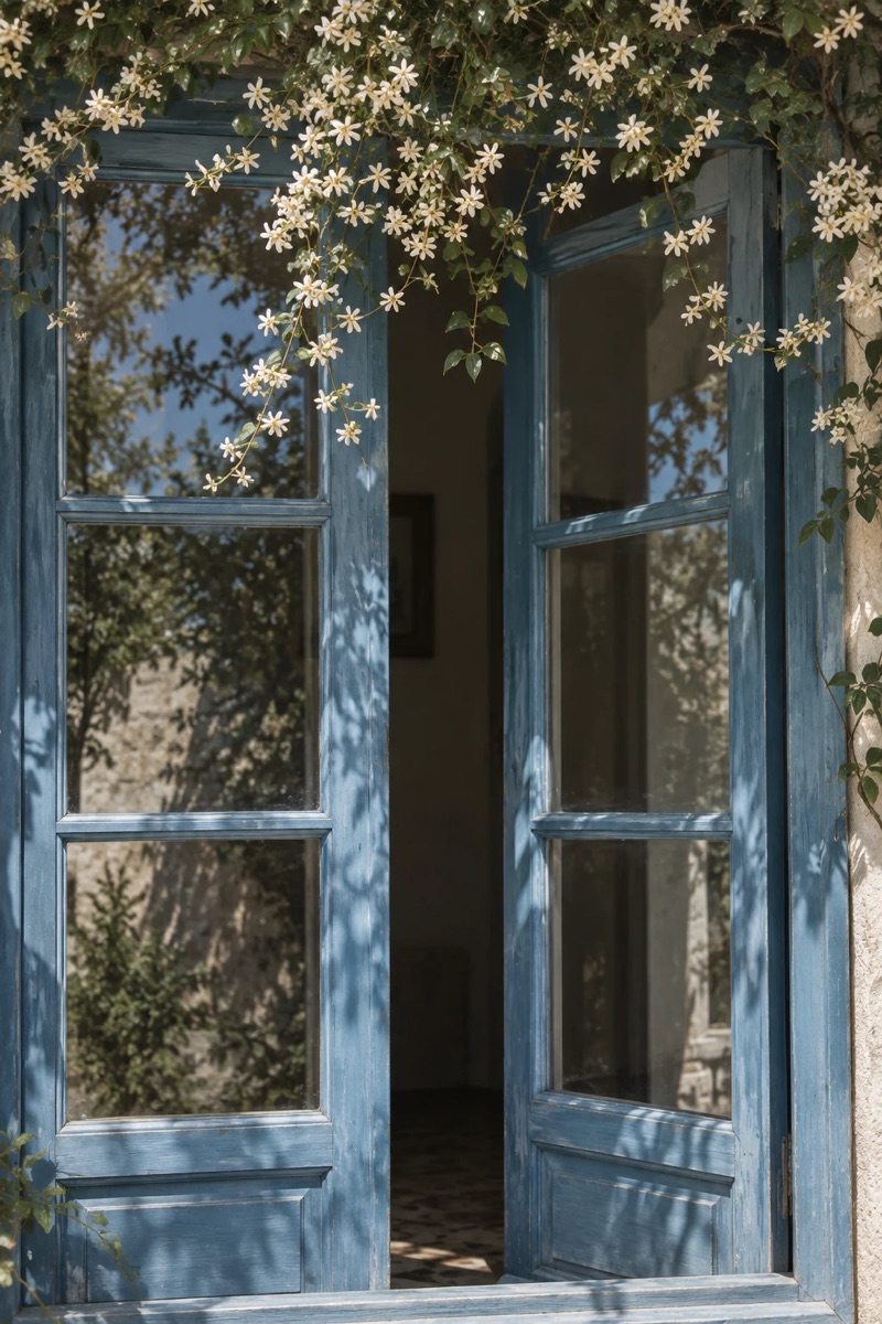 Ventana azul abierta con un jazmín en flor